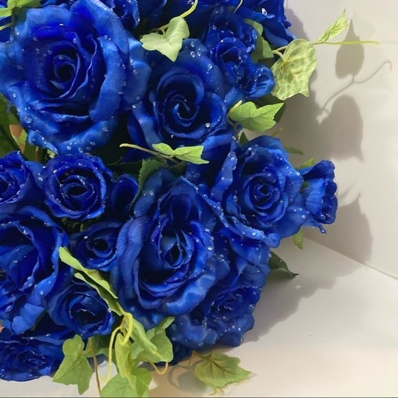 Blue Roses Artificial Flowers Dew Drop Rain Drop 2 Bunches 16" - Picture 6 of 15